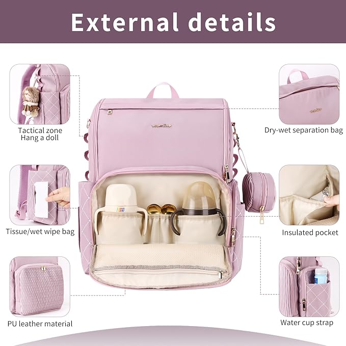 Stylish Baby Diaper Bag, Baby Bag with Changing Pad, Pacifier Case& Stroller Straps, Large Diaper Backpack Boy Girl, Water Resistant Travel Diaper Backpack（Lavender） - Image 2