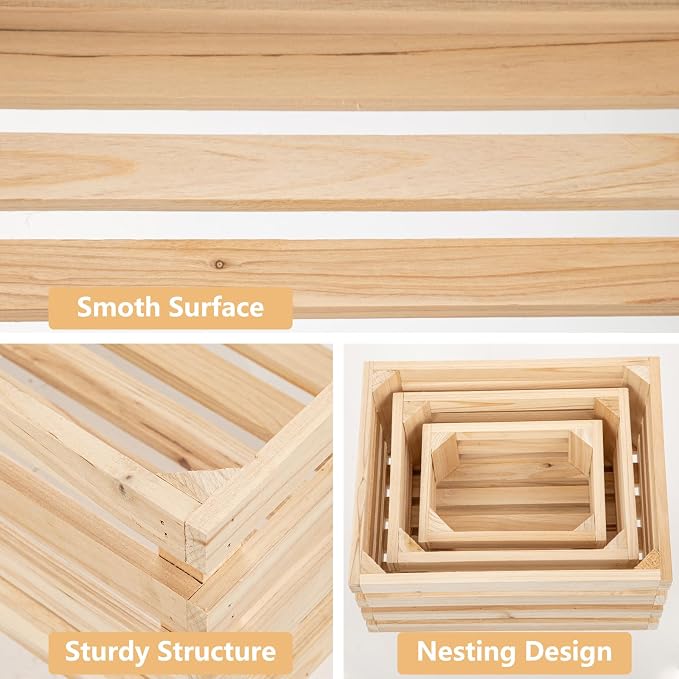 Oairse Set of 3 Nesting Wooden Storage Crates - Rustic Wooden Storage Crates for Display Wood Container Boxes Wood Baskets for Farmhouse Flower Stand Display Rack for Shops or Exhibitions Home Decor - Image 5