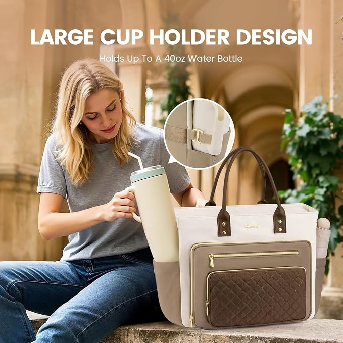 LOVEVOOK Teacher Tote Bag for Women Work, Laptop Bag With Large Cup Holder, Nurse Bags Professional Briefcase Business Computer Purses Handbag Gifts,Khaki-Beige-Coffee,15.6 Inch - Image 6