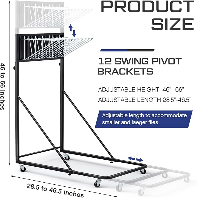 Thyle Mobile Blueprint Storage Black Vertical Poster Display Rack Heavy Duty Plan Holder with 12 Brackets Height Length Adjustable Rolling Stand Wheel File Organizer Stand for Office Home School - Image 2