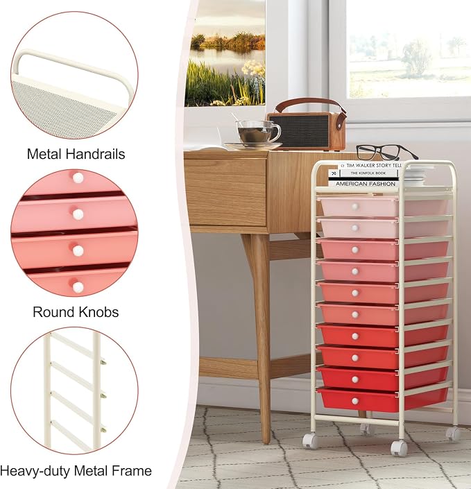 GOFLAME 10-Drawer Rolling Storage Drawer Cart, Utility Cart with Removable Drawers & Metal Frame, Mobile Art Craft Drawer Cart with Lockable Wheels for Home, Office, Studio, School, Pink - Image 7