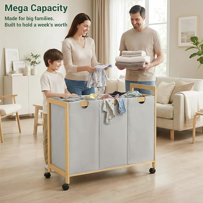 250L Laundry Sorter Cart with Wheels, 3-Section Rolling Laundry Basket with Removable Bags, 66 Gal Large Laundry Hamper Organizer, Heavy Duty Bamboo Frame, Water-Resistant, Grey - Image 3