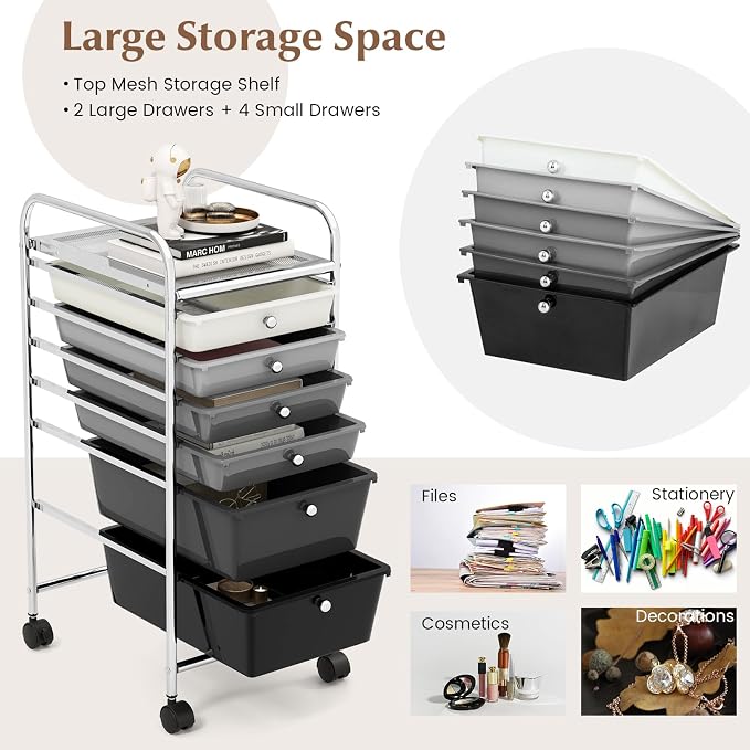 GOFLAME 6-Drawer Rolling Storage Cart, Multifunctional Art Craft Organizer Cart, Mobile Utility Storage Cart with Removable Drawers & Lockable Wheels, Craft Cart for Home Office, School, Gray Gradient - Image 4