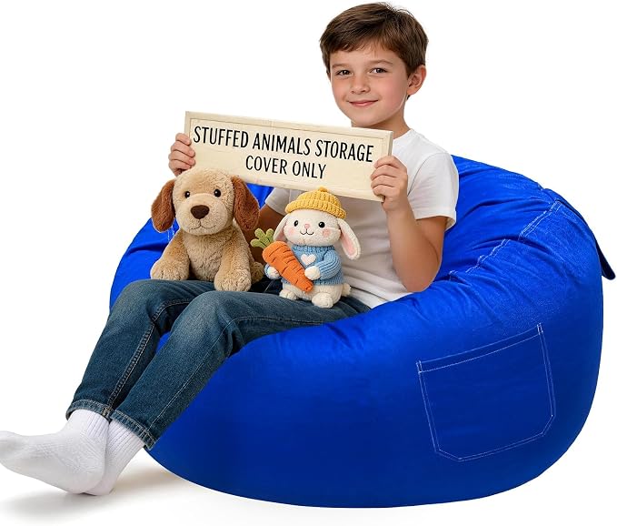 Lukeight Stuffed Animal Storage Bean Bag Chair Cover for Kids, Velvet Plush Toy Organizer Seat, Cover Only, No Filling Included, Long YKK Zipper, Side Pocket, X-Large 30"D x 18"H by Lukeight