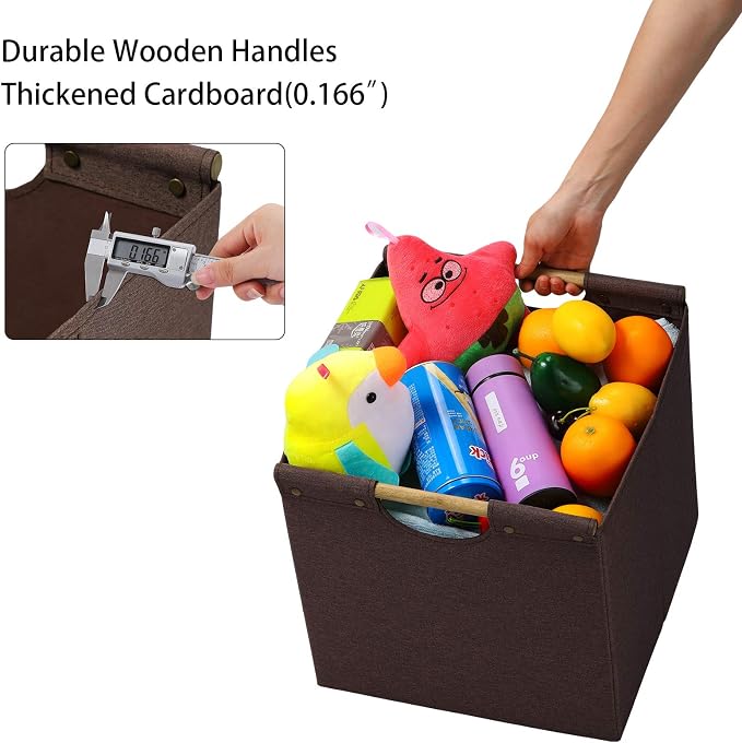 HOONEX Collapsible Storage Bins, 12x12x12in Storage Cubes Linen Fabric, Pack of 3, Storage Baskets with Wooden Carry Handles and Sturdy Heavy Cardboard, for Home, Office, Car, Nursery, Brown - Image 3
