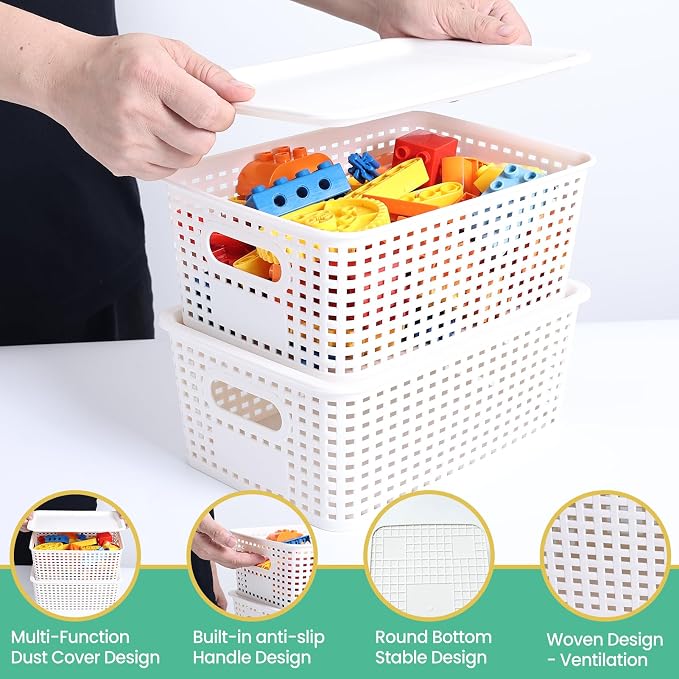 Ohmlove 8 Pack Plastic Storage Baskets with Lids for Organization | Stackable Storage bins, Storages Baskets for Organizing Shelves Drawers Desktop Closet Playroom Classroom Office, White - Image 3