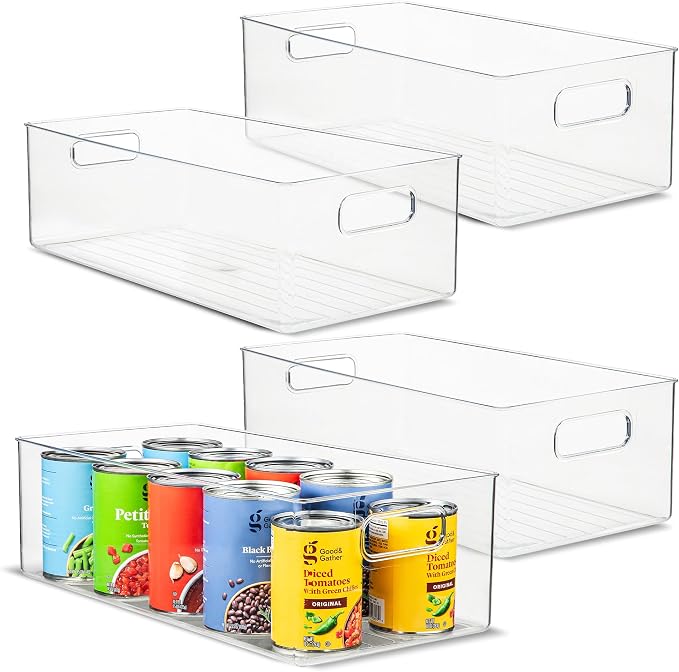 Plastic Food Storage 4 Pack Clear Container Bin with Handles for Organizing Kitchen, Pantry, Refrigerator, Freezer, Pantry, Cabinet, Closet, Bathroom. 16”x8”x5” by primebox