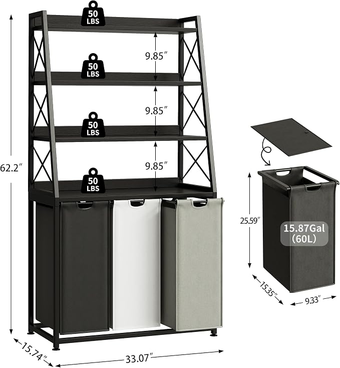 Herture Laundry Basket, 3 Section Laundry Hamper with 4 Tiers Shelf, Pull-Out and Removable Laundry Bags, Large 3 x 15.87 Gallons, for Laundry Room Bathroom Black PF05XLK - Image 3