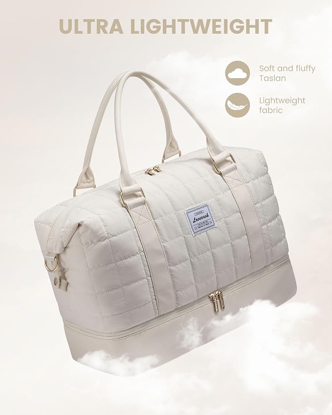 LOVEVOOK Large Duffle Bag for Travel, Puffer Weekend Bags for Women Travel Tote, Carry on Duffel Bag for Airplanes, 18 Inch Personal Item Bag Gym Bag Women, Beige - Image 3
