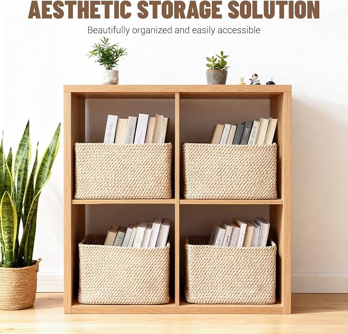 5 Pack Woven Storage Baskets, Decorative Storage Bins for Organizing | 13.8'' × 9.8'' × 7.9'', Cotton Rope Basket Organizer for Closet, Shelves, bathroom, Nursery, Toys, Books, Pantry, Khaki - Image 2