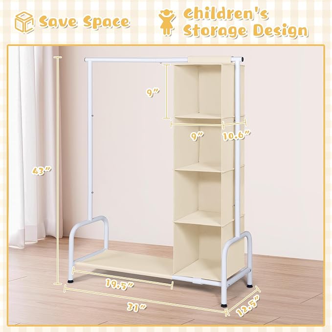 Univivi Kids Clothing Rack with Hanging Organizer, 43 Inch, Beige and White | Toddler Dress Up Storage with Bottom Shelf, Sturdy Metal Baby Closet, Toddler Wardrobe Rack for Nursery, Playroom, Bedroom - Image 3