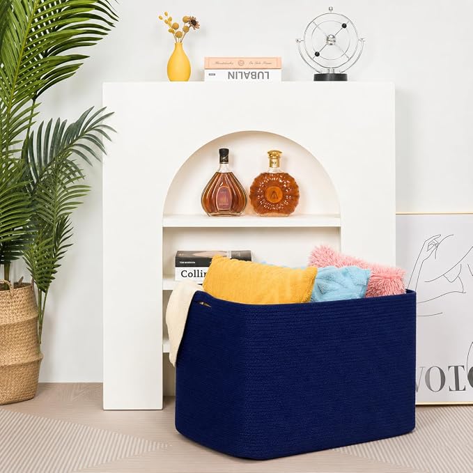 112L Extra Large Blanket Basket Holder Living Room, 25"x17"x16" Rectangle Rope Woven Storage Basket with Handles for Laundry, Towels, Shoes, Dog Toy Organizer Bin Box, Full Navy - Image 7