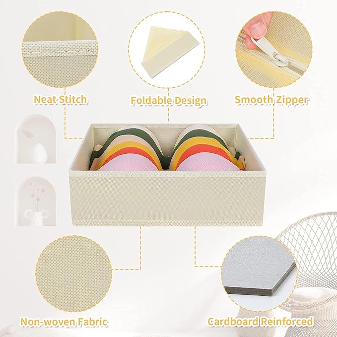 DIMJ Drawer Organiser System Drawer Organiser - Pack of 12 Storage Box Fabric Foldable Underwear Wardrobe Organiser for Clothes, Socks, Ties, Beige - Image 4