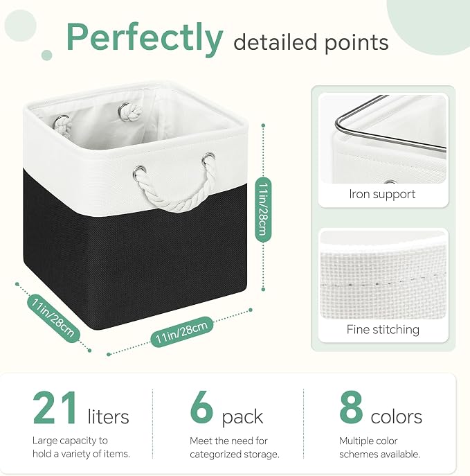 FinishingBo 11 inch Cube Storage Bin with Handles 6 Pack | Foldable Basket, Fabric Storage Bins, Closet Storage, Home Organizer (White/ Black) - Image 4