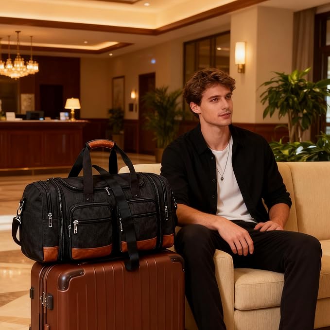 Canvas Duffle Bag For Travel, 50L Expandable Carry on Overnight Travel Duffel Bags with Laptop Compartments Weekend Gym Bag for Men(Black) - Image 4