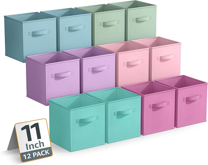 Sorbus 11 Inch Storage Bins - Sturdy Collapsible Fabric Storage Cubes with Handle - 12 Foldable Baskets for Organizing Clothes, Toys, Books - Storage Baskets for Shelves, Closets by Sorbus
