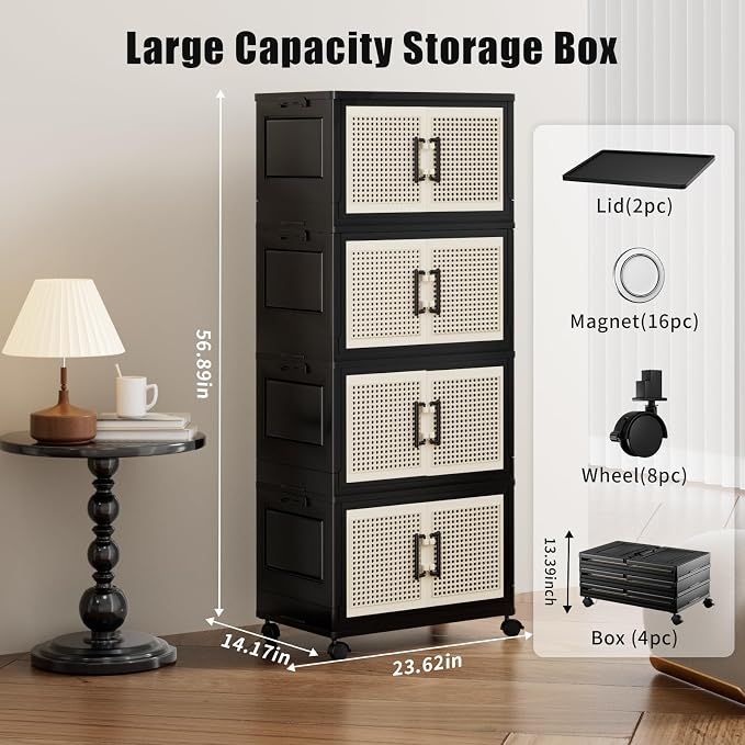 Storage Bins with Lids, Stackable Storage Containers with Lids, Collapsible Plastic Bins, Closet Organizers and Storage with Wheels and Magnetic Door for Home Office Dorm (4 Pack) - Image 3