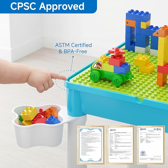 burgkidz Toddler Building Table Set: 1 Chair 128 Blocks Storage Box Blue | Leakproof top for sand/water. Sturdy ABS, smooth edges. 1 chair & 128 bricks. Ideal 3+ yrs indoor/outdoor. Great gift - Image 3