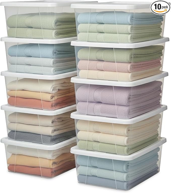 HOMZ Clear Plastic Storage Bins w/Snaplock Lids, 6 Qt, White, 10 Pack | Stackable Container Set for Home, Office Shelves, Kitchen, Garage, and Bathroom Organization by Homz