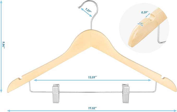 TOPIA HANGER Wooden Suit Hangers with Adjustable Metal Clips (20 Pack), Solid Smooth Wood Clothes Hangers, 360° Swivel Hook, Premium Pants Hangers for Clothes Coat, Jeans, Blouse-Natural, CT28N20 - Image 7