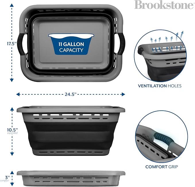 BROOKSTONE 11 GALLON XL 24" Collapsible Laundry Basket & Clothes Hamper, Comfort Non-Slip Handles, Modern Laundry Hamper with Space Saving Design, Portable Pop-Up Hamper, BPA FREE, Grey, 1 Pack - Image 6
