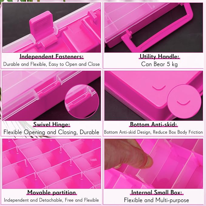 2 Pcs 48 Grids Plastic Bead Organizer Box with Divider, Pink - Image 3
