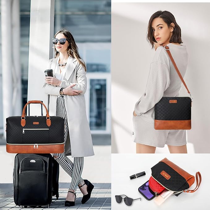 ITIEZY Weekender Bag for Women 21.5" Travel Duffel Large Carry On Bag 3PCS | Nylon Duffel Bag with Waterproof Shoe Compartment, Crossbody Bag and Toiletry Bag, Travel Weekend Hospital Overnight Gym Bag - Image 3
