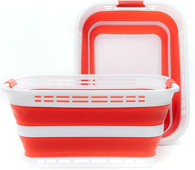 SAMMART 42L (11 gallons) Collapsible Plastic Laundry Basket - Portable Pop Up Storage Container/Organizer - Portable Hamper - Space Saving Easy Storage (White/Viva Magenta [BPA Free] (Set of 2)) - Image 4