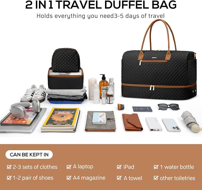 Travel Weekender Bags for Women: Overnight Bags with Shoe Compartment 3Pcs | Carry On Bag with Crossbody and Toiletry Bag, with Wet Dry Pocket For Hospital Overnight Airplane Approved Duffle Beige Brown - Image 4