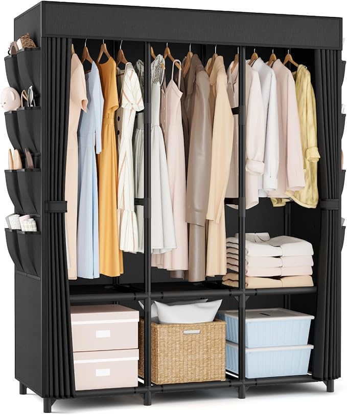 Wardrobe Closet, Portable Closets for Hanging Clothes 19mm Steel Tube Portable Wardrobe Closet for Bedroom, Clothes Rack with Cover, 3 Hanging Rod, 6 Storage Shelves and Side Pocket by BRFOYU