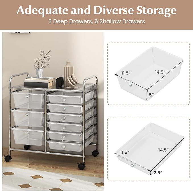 RELAX4LIFE 9 Drawer Rolling Storage Cart - Mobile Drawer Carts for Craft Art Supply Paper Salon, Utility Cart on Wheels for Classroom Teacher School Office, Rolling Cart with Drawers (Clear) - Image 4