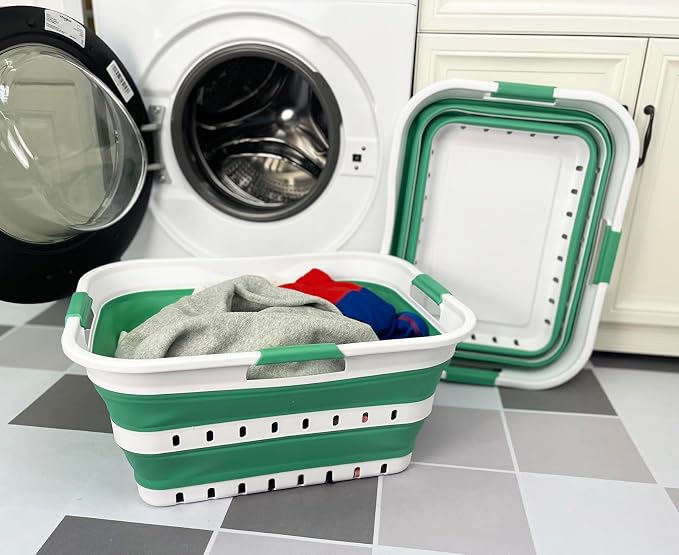 SAMMART 42 (11 Gallons) Collapsible Plastic Laundry Basket, Foldable Pop Up Storage Container/Organizer, Space Saving Hamper, Portable Bin for Dorm Room Bathroom (2, White/Winter Green) - Image 2