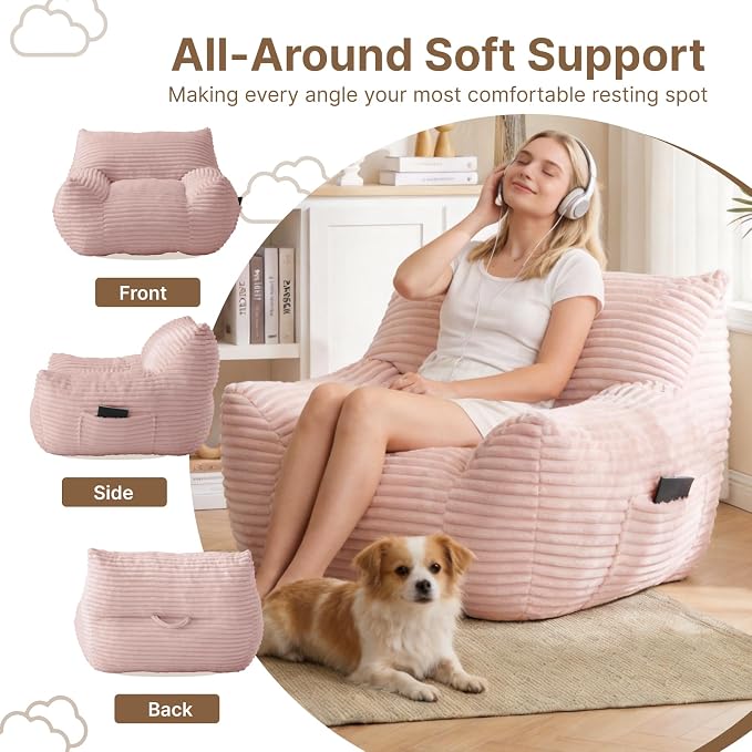 Bean Bag Chair for Adults & Kids, Giant Bean Bag Sofa with Side Pocket, Corduroy Beanbag Chair with Armrests, Comfy Stuffed Floor Sofa for Living Room Bedroom Dorm, Pink - Image 7