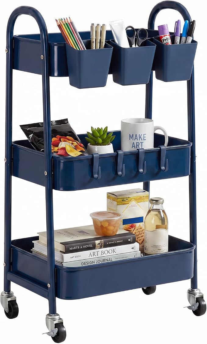 danpinera 3-Tier Rolling Cart, Utility Cart Mobile Metal Rolling Storage Cart with Lockable Wheels & Hanging Cups & Hooks for Kitchen, Bathroom, Office, Workshop, Dark Blue by danpinera