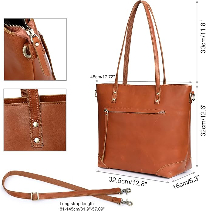 S-ZONE Vintage Genuine Leather Shoulder Bag Work Totes for Women Large | Top Grain Leather, Purse Handbag, Fits Laptop Documents, Luggage Sleeve, Multi Pockets, Work Travel Everyday - Image 4