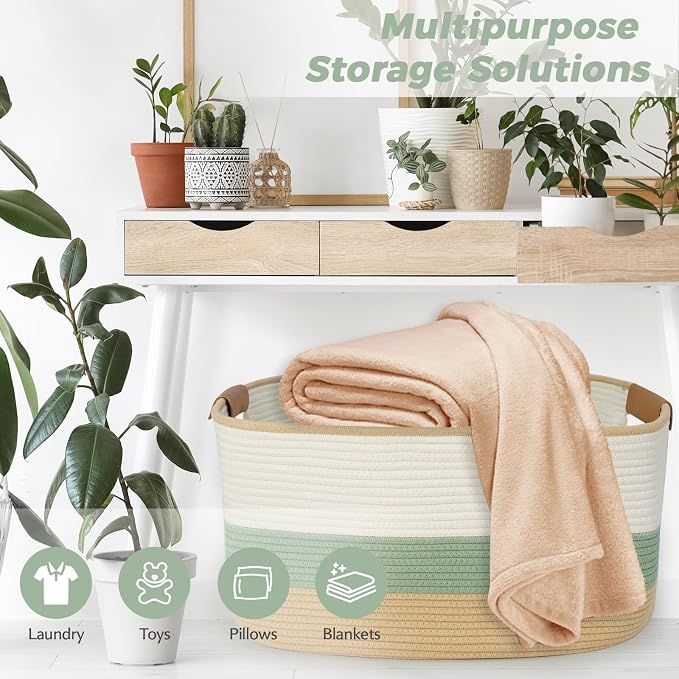 Large Woven Basket, 108L Rectangular Woven Storage Basket with Leather Handles, Stylish Organizer Bin for Home, Office, Laundry, Toys, or Blankets, 25’’*16’’*16’’ White & Green & Jute - Image 5