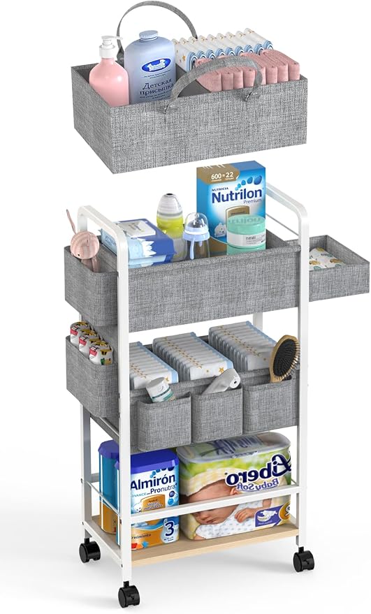 LIDTOP 2In1 Diaper Caddy & 4-Tier Rolling Diaper Cart, Diaper Caddy Organizer Cart with Dividers & Drawer, Mobile Metal Bedside Cart for Baby Nursery Essentials Storage, Large Capacity, White by LIDTOP