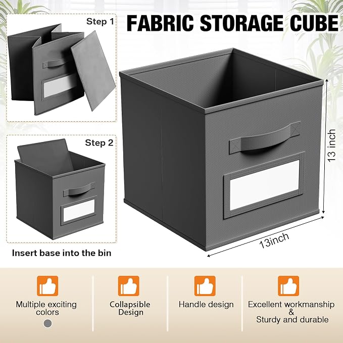 Teenyyou 10 Pack Fabric Storage Cubes 13 Inch Collapsible Cube Bins with Label Window & Handle Foldable Organizers Baskets for Shelf Closet Nursery Kids Room Clothes Book Toy(Gray) - Image 3