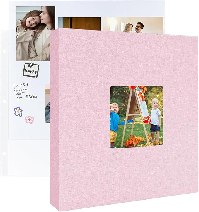 8.5x11 Scrapbook Inch Large 3 Ring DIY Linen Cover Scrap Books with 30 Plastic Sleeves 60 Pages Blank White Inner Pages, 8.5 x 11 Scrapbook Photo Albums for Baby Travel Wedding kids (Pink) by LUOCCHI