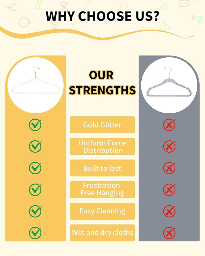 50pcs Slim Clear Toddler Hangers with 10 Connector Hooks for Kid's Closet | Swivel Golden Sparkling Baby Clothes Hangers with Gold Glitter for Infant Coat Outfit, Perchas for Children Boy Gril Nursery - Image 6
