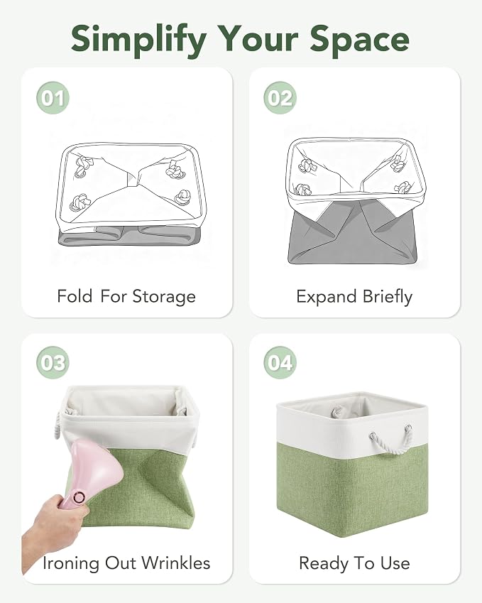 12x12 Inch Fabric Cube Storage Bins with Cotton Rope Handle 6-Pack | Top Support of Metal Frame, Bottom with Cardboard Support, Foldable Storage Bins for Closet, Bedroom, White Green - Image 6