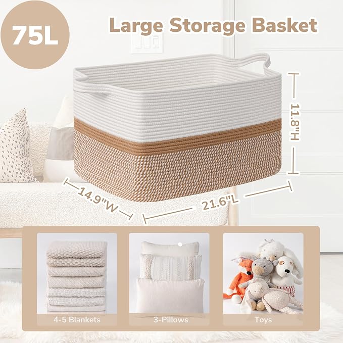 Goodpick Large Woven Rope Blanket Basket, Rectangle, White & Camel Mix | 21.6'' x 14.9'' x 11.8'' Storage Basket for Blankets & Toys, Living Room, Bedroom & Nursery Organization, Home Decor - Image 3