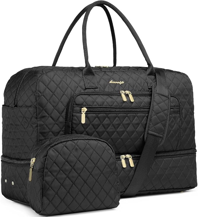 Large Travel Duffle Bags for Women: Weekender Bag with Shoe Compartment | Carry On Bag with Wet Toiletry Pocket & Wet Pocket for Overnight, Weekend, Hospital, Yoga, Business Trips, Sport, Gym, Black by LUOCIP