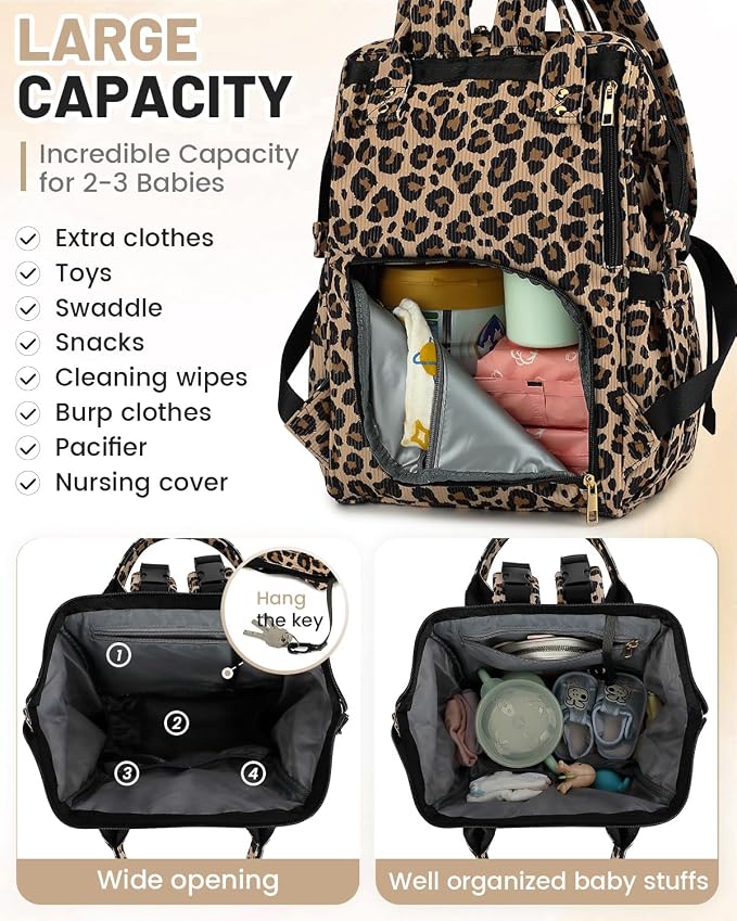 Corduroy Diaper Bag Backpack, Large Capacity Multifunction Baby Diaper Bags for Women, Insulated Bottle Pockets & Pacifier Case, Stylish Travel Nappy Changing Bags for Mom Dad (Leopard Brown) - Image 4
