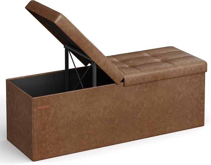 SONGMICS MAZIE Collection - 43 Inches Storage Ottoman Bench with Flipping Lid, Storage Chest with Iron Frame Support, Load 660 lb, for Living Room, Bedroom, Synthetic Leather, Coffee Brown ULSF075K01 by Unknown
