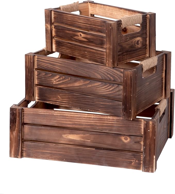 TIMRIS Set of 3 Rustic Wood Nesting Crates, Farmhouse Wooden Storage Container Boxes with Cutout Handles, Decorative Wooden Baskets for Display (Rustic Brown) by TIMRIS