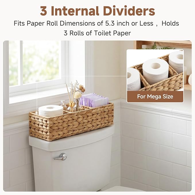 StorageWorks Toilet Paper Basket, Large Toilet Tank Basket, Water Hyacinth | Wicker Basket, Toilet Paper Storage for Back of Toilet Tank, Woven Baskets for Shelves, Wicker Baskets with 3 Compartments - Image 3
