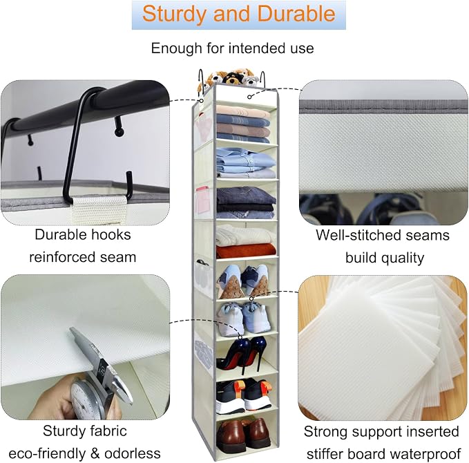 Large-Sized Hanging Shoe Organizer 10-Shelf, Sturdy Hanging Closet Organizer with 8 Side Pockets, Wider Hanging Shelves for Storage Shoes Clothes Jeans Shirts Toys, Beige - Image 4