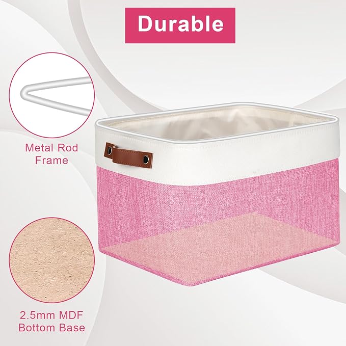 Storage Bins Large Fabric Storage Baskets for Shelves 3 Pack, Decorative Linen Closet Baskets with Handles for Organizing, Shelf, Clothes, Home, Office, 15x11x9.5Inches (Pink&White) - Image 4