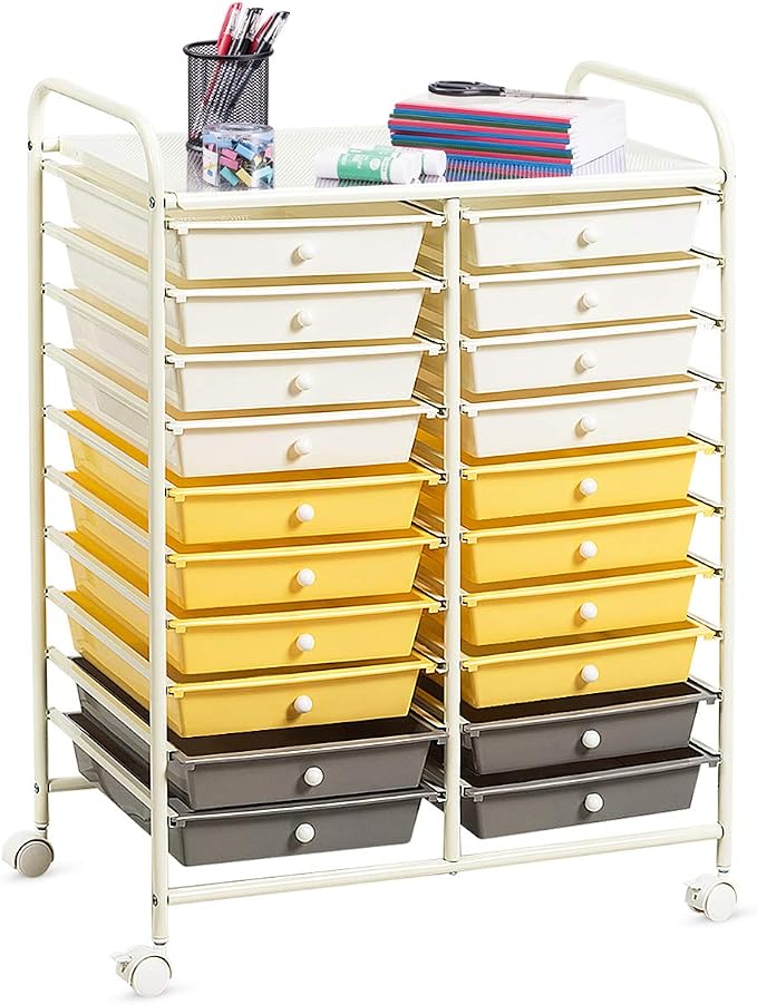 RELAX4LIFE 20 Drawer Rolling Storage Cart, Mobile Rolling Cart w/Drawers for School Classroom Teacher Office Home Salon, Paper File Art Supply Craft Organizer, Utility Cart on Wheels (Yellow) by RELAX4LIFE